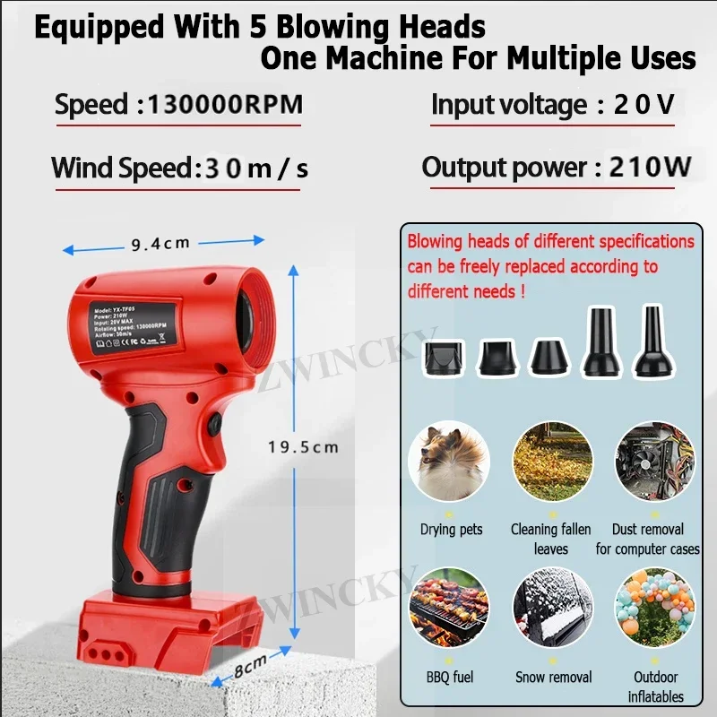 Jet Blower Violent Turbo Fan Speed Wireless Handheld Air Blower for Makita/Milwaukee/Dewal/Bosch/Ryobi,18V Battery (No Battery)