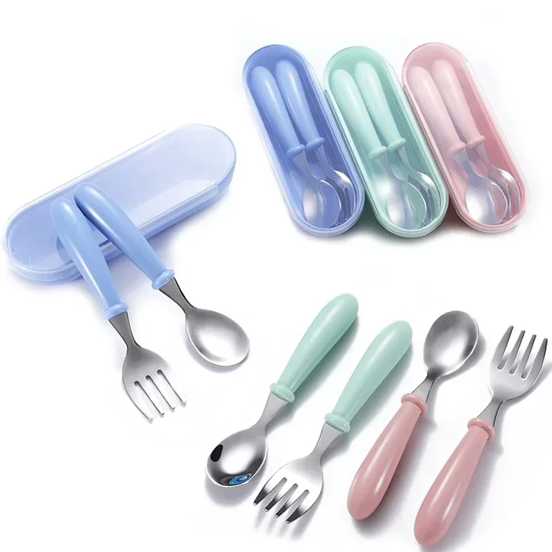 Baby Feeding Tableware Set Children Utensil Stainless Steel Toddler Dinnerware Cutlery Cartoon Infant Food Feeding Spoon Fork