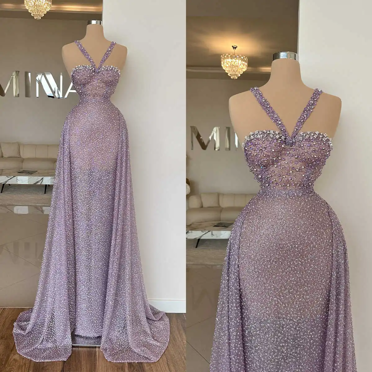 Elegant And Sexy Cocktail Dresses Sweetheart Hanging Neck Style Shining Lace Sequined Brush Train Formal Dress Custom Made