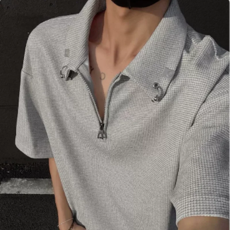 Waffle metal button polo shirt short sleeve men's summer American half zipper high-end sense cool and stylish lapel half sleeve