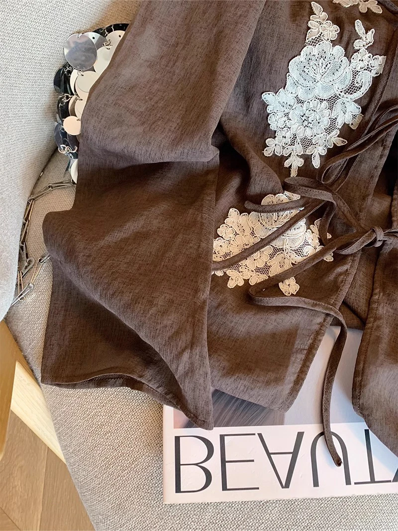 American Sle Rebites Retro Lace Bordado Cinto V-ne Dr irt Mulheres Verão Sensation de Alta Precisão Solto Combinável Bel...