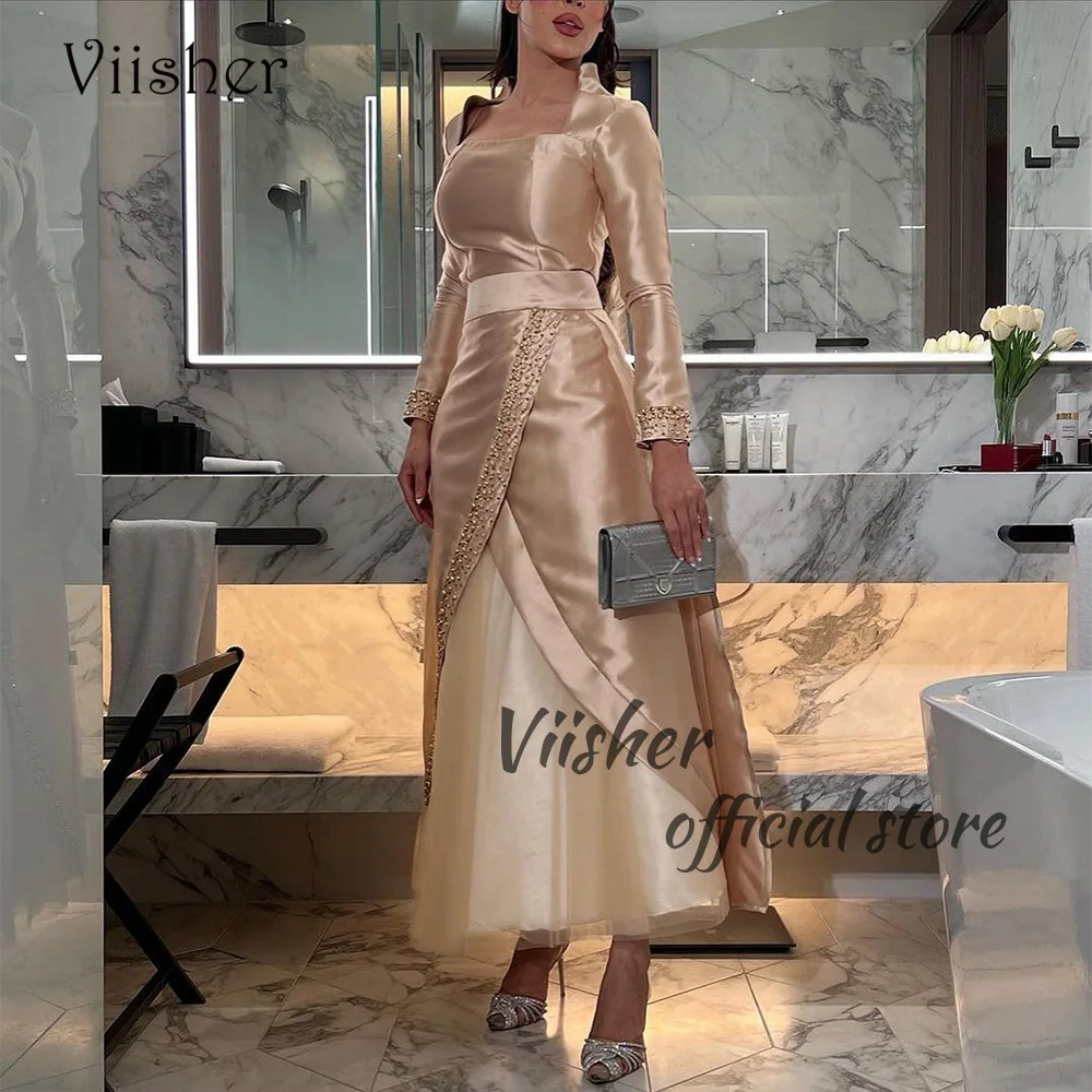 

Viisher Gold Satin Saudi Arabia Evening Dresses Beads Long Sleeve Front Split A Line Formal Prom Dress Ankle Length Evening Part