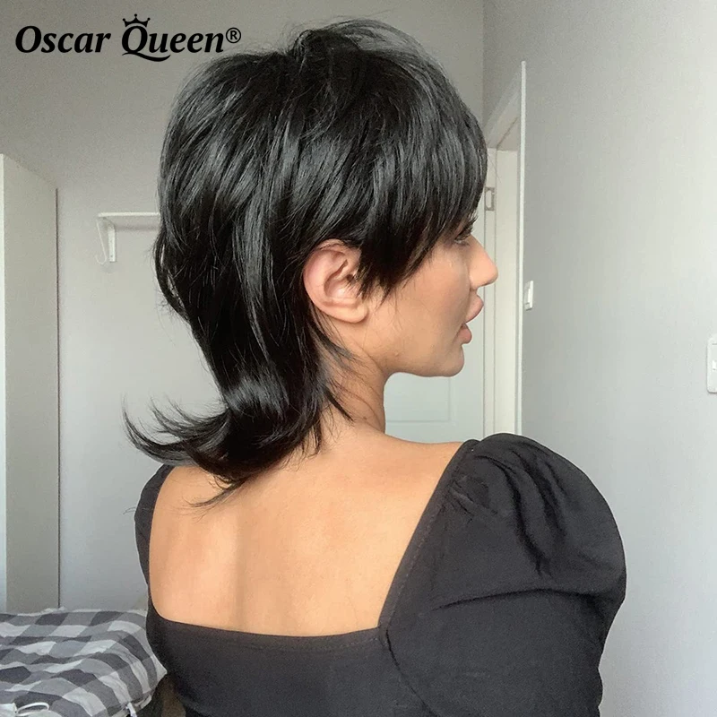 Mullet Wig Short Pixie Cut Wig With Bangs For Women Natural Black Dark Brown 99J Burgundy Color  Daily Party Cosplay Costume Use