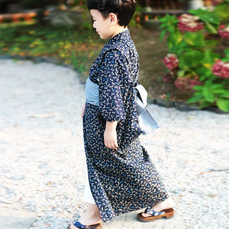 Japan Style Boy's Traditional Kimono With Belt 100% Cotton Summer Dress Comfortable Home Wear Stage Performing Wear