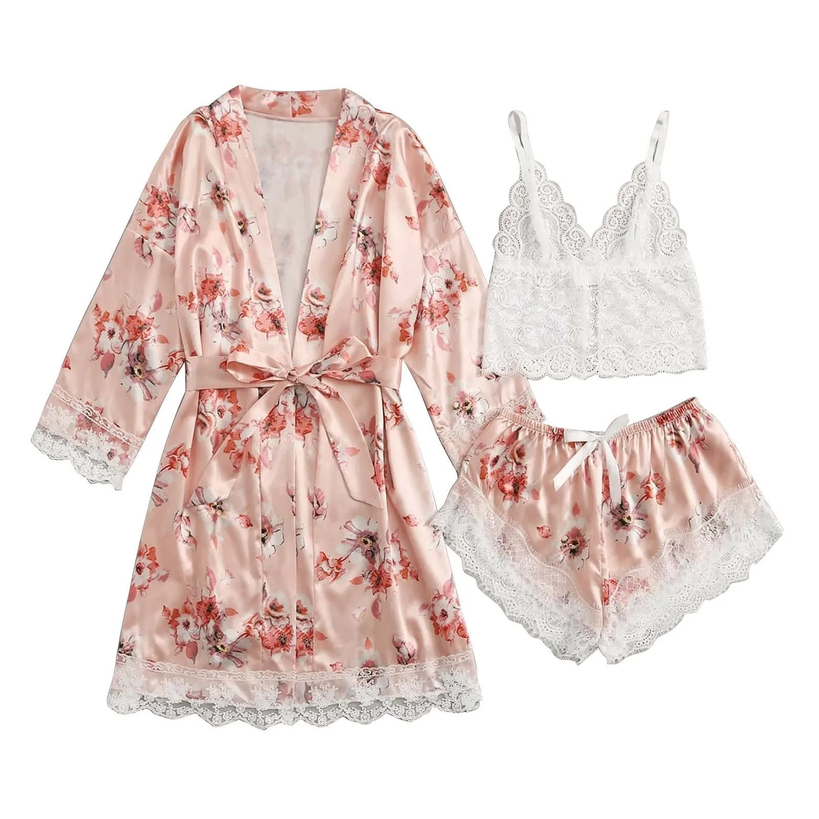 Three Piece Female Floral Printed Sexy Satin Silk Lace Edge Sleepwear Sets Fashion Comfort Camisole With Shorts And Nightgown