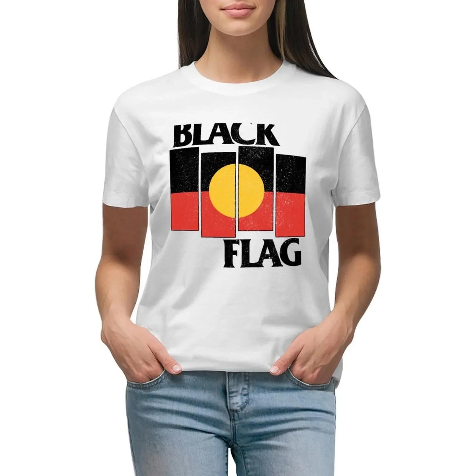 

Indigenous Black Flag [White Worn Look] T-Shirt summer top new edition korean fashion tight shirts for Women