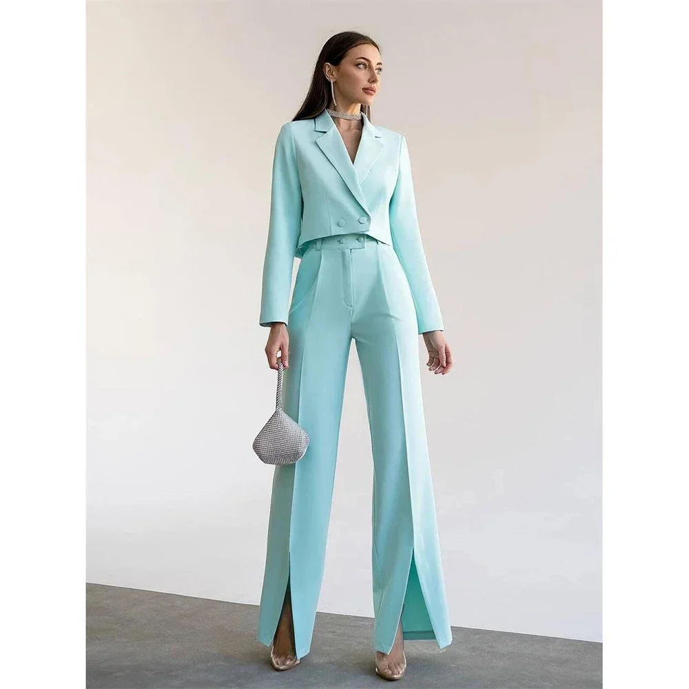 New Solid Double Breasted Women Suit Two Pieces Female Set With Cropped Blazer Wide Leg Pants With Slit