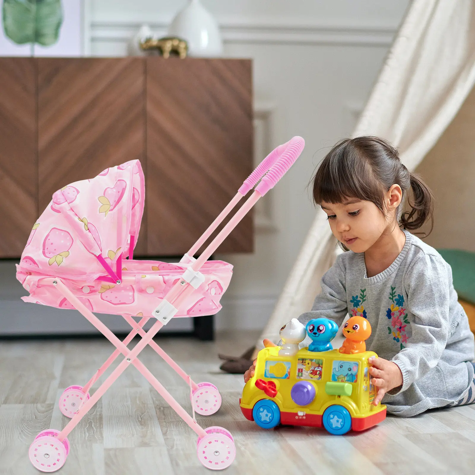 

Kids Role Play Small Stroller Baby Simulation Lightweight Foldable Compact Large Storage Pretend Play Accessories