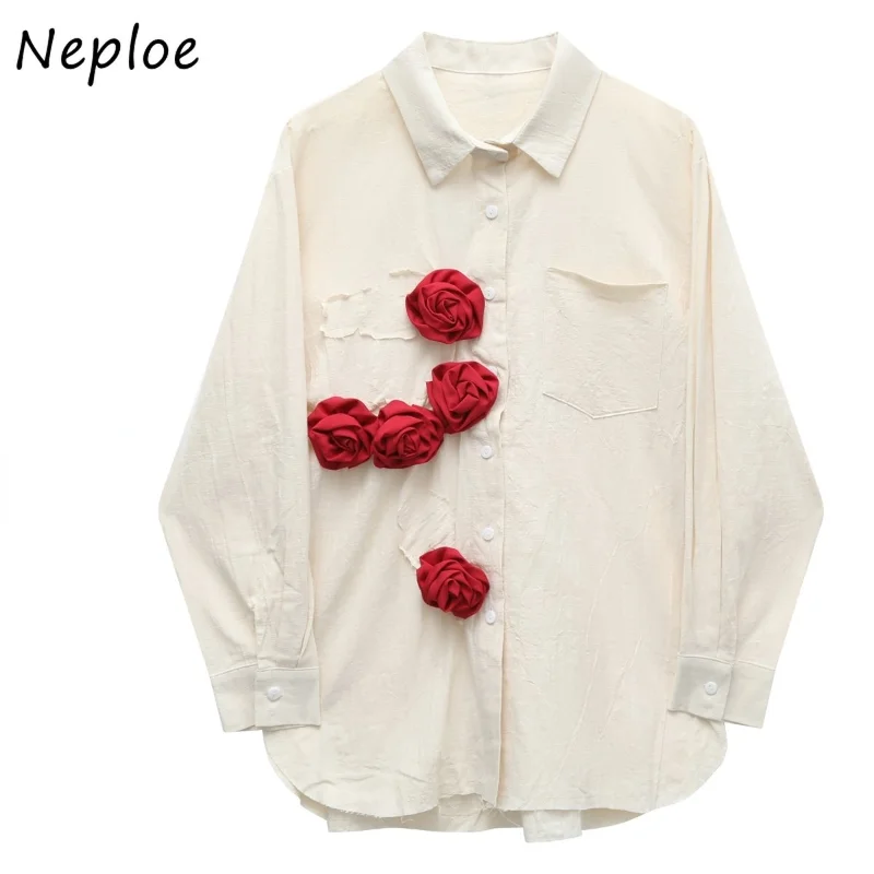 

Neploe Three-Dimensional Handmade Old Flowers Burning Red Rose Cotton Shirts Chic French Blusas 2024 Autumn Long Sleeve Blouses