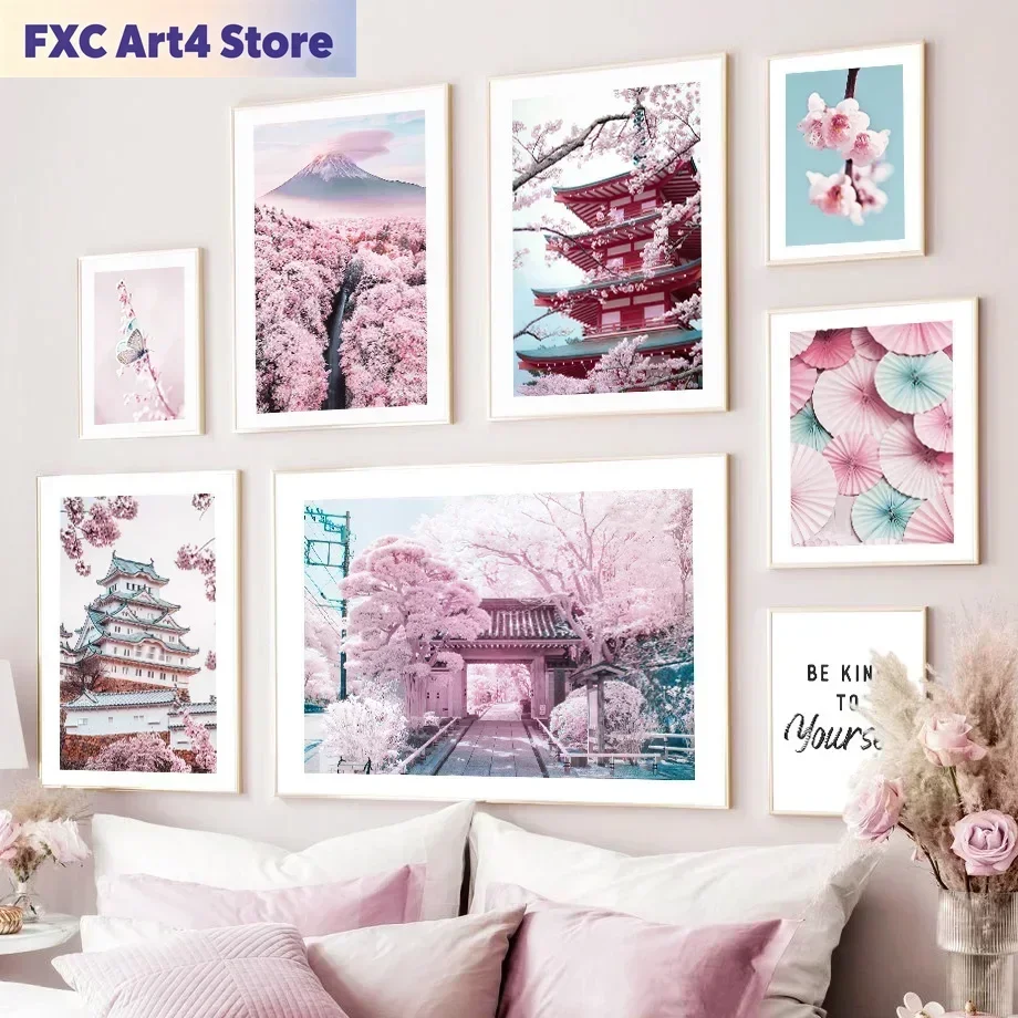 Frameless Pink Sakura Mount Fuji Tower Butterfly Japanese Wall Art Canvas Painting Posters Wall Pictures for Living Room Decor