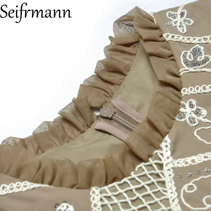 

Seifrmann 2026 Spring Women's New Fashionable Round Neck Long Sleeve Mesh sequin Embroidered Waist Cinching Dress