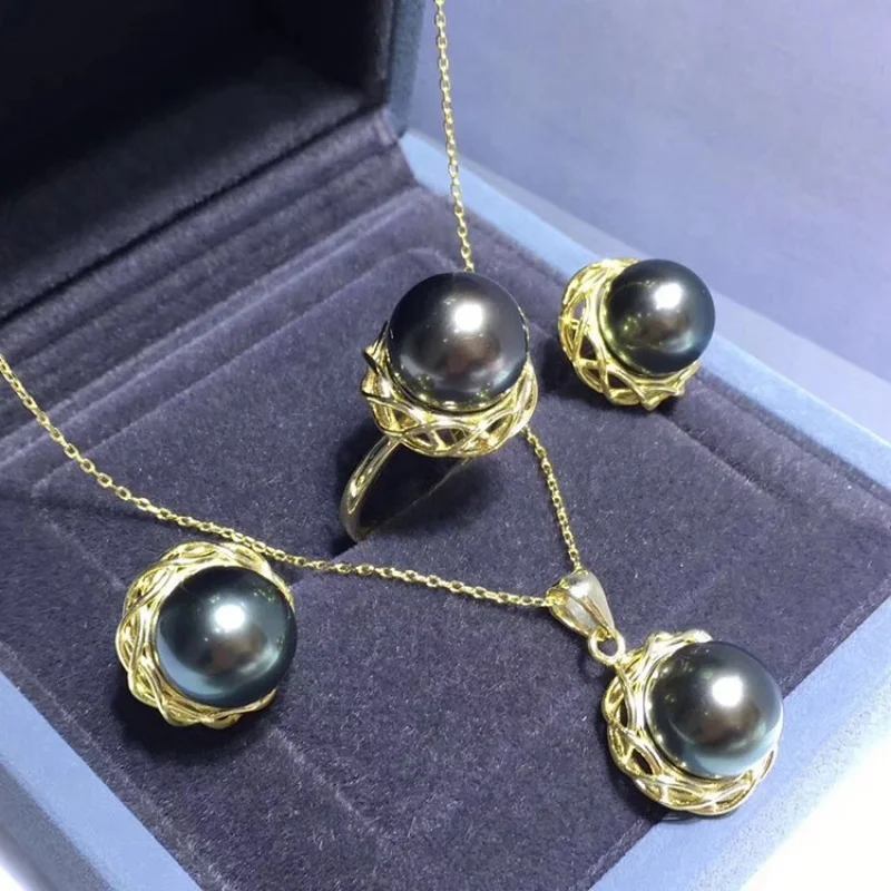 

Gorgeous AAAAA 9-10mm south sea Black pearl pendant &earring&ring set 925s..
