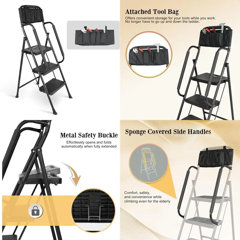 مقعد متدرج قابل للطي عالي التحمل مع دواسات واسعة مضادة للانزلاق، ودرابزين أمان، وسعة 500 رطل، وسلم من 3 خطوات للمنزل والورش #1