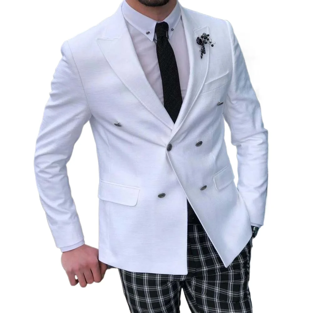 Luxury Tailor Double Breasted Men Suits Peak Lapel Flat Regular Length White Blazer Black Plaid Pants 2 Piece Slim Fit Prom Sets