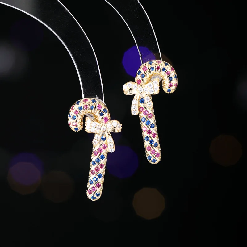 S925 Silver Needle Niche Personality Design High-end Christmas Gift Santa's Staff Stud Earrings