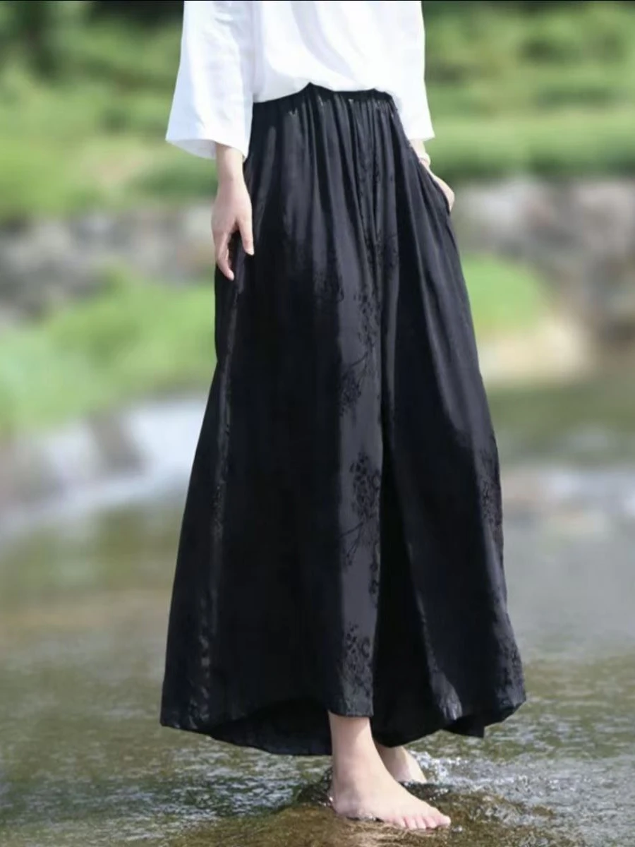 

Новые китайские широкие брюки Bla с вышивкой и эластичной резинкой на талии, повседневные драпированные утягивающие брюки с девятью точками