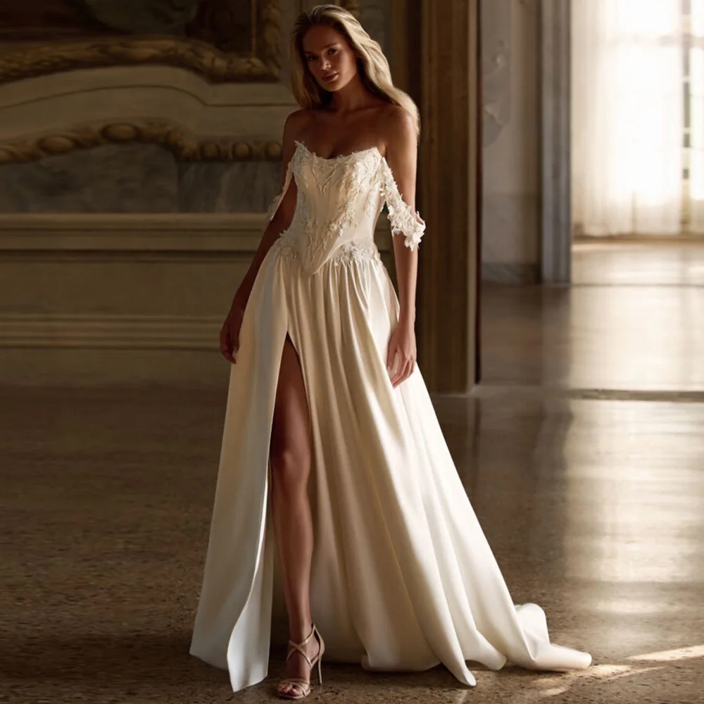 Customized Sexy Side Slit Vestido De Novia Elegant A-Line Satin Wedding Dress Delicate Handmade flowers Beading Robe de mariée