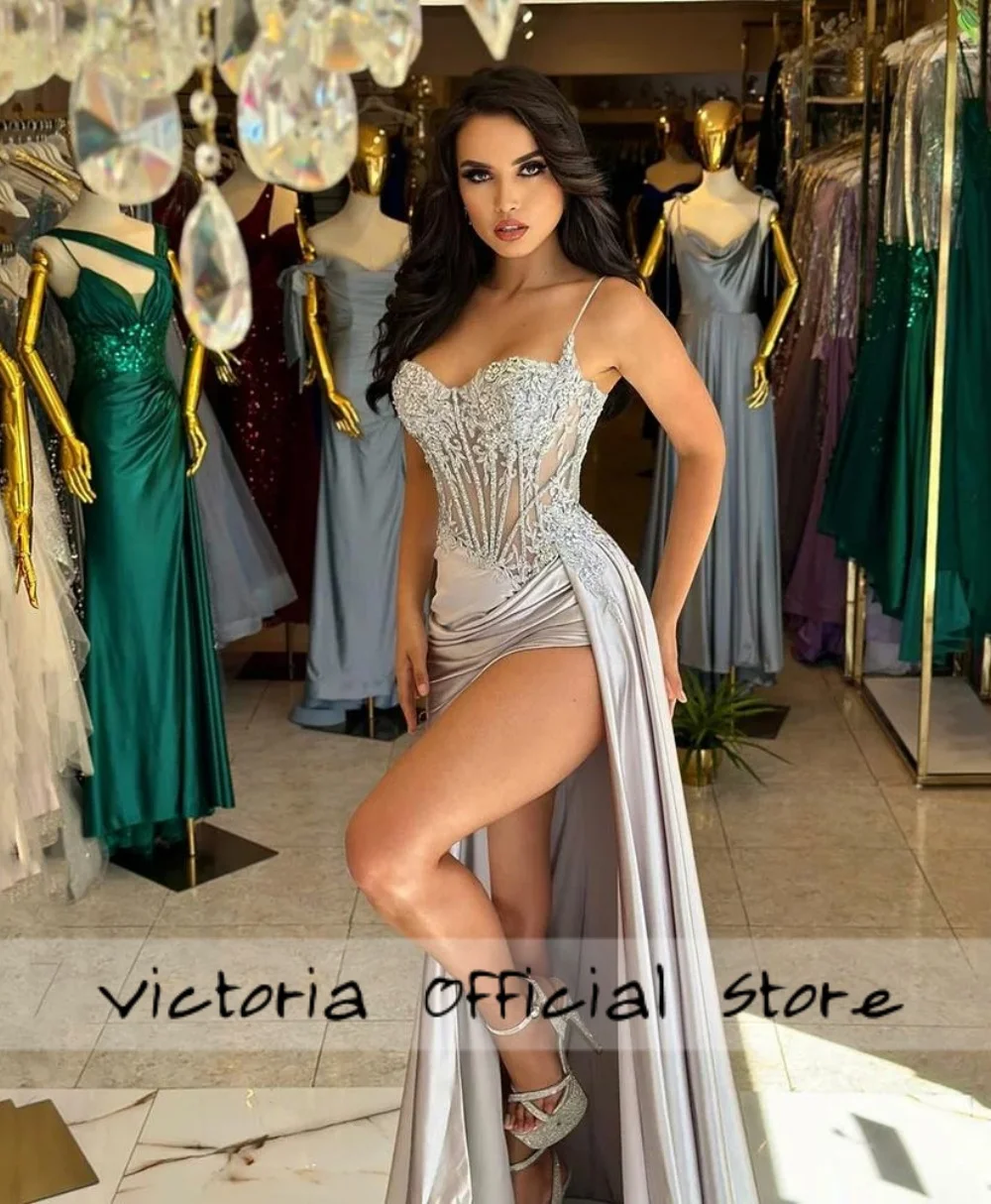 Corsé de ilusión de espagueti plateado, vestidos de noche de corte A, vestido de Gala de fiesta de graduación de sirena de lujo para ocasiones especiales personalizado