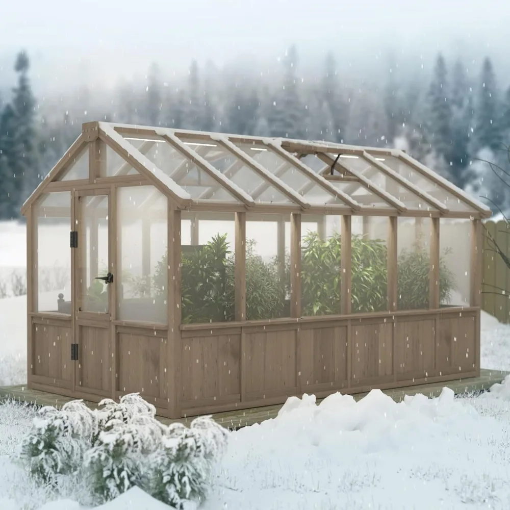 6x12FT Greenhouses for Outdoors, Wooden Greenhouse with Cedar Frame & Adjustable Vent , Green House with Multi-Layer