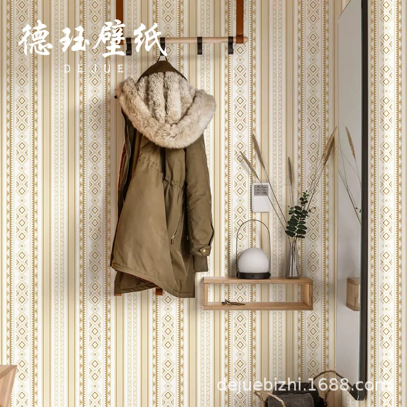European style blue beige striped wallpaper vintage American living room bedroom restaurant feature wall Moroccan ethnic design
