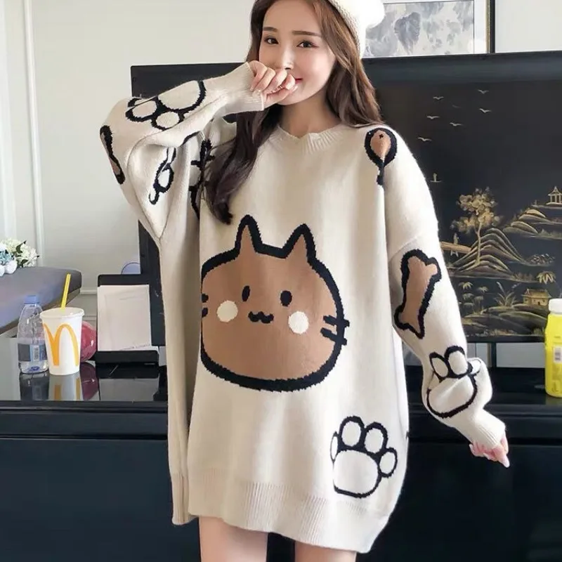 Japanese Kawaii Cartoon Sweaters Women O-neck Long Sleeve Thick Warm Pull Femme 2024 Fall Winter Casual Harajuku Y2k Jumpers