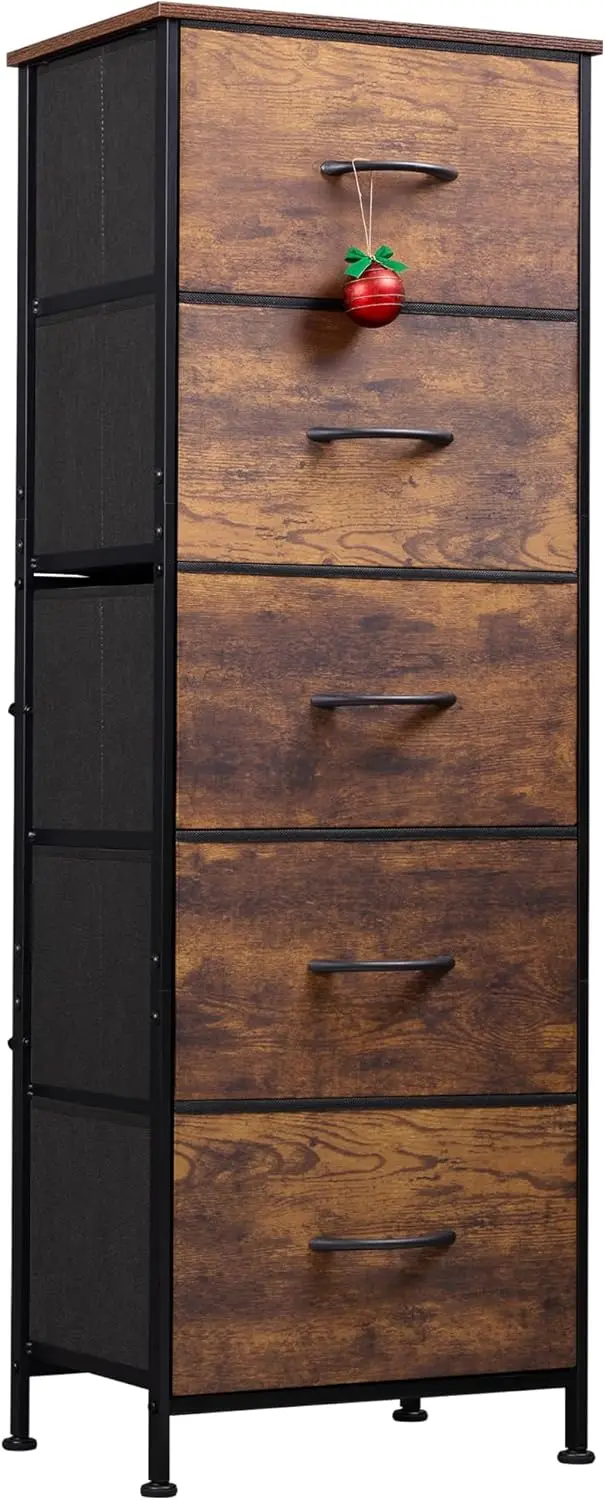 

5-Drawer Fabric Dresser with Wood Top, Sturdy Steel Frame, Rustic Brown Print for Bedroom Storage