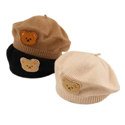 Korean Baby Beret Hats for Boys Girls Cartoon Bear Autumn Winter Knitted Toddler Hat Warm Infant Beanie Kids Accessories 2024