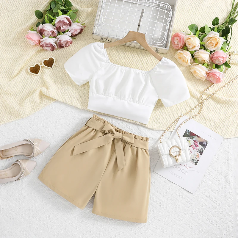 

Summer New Two Piece Set White Short-Sleeved Square Collar Top + Brown Belt Shorts Elegant Casual Vacation Suits Preppy Style