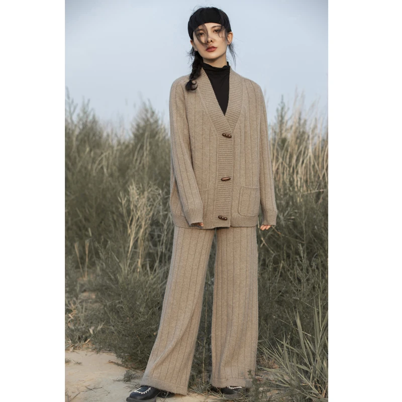 Fashion Suit Autumn Winter 100% Cashmere Knitted High Quality Sweater Women Tops And Harem Pants Two-Piece Female Girl Clothes