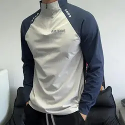 Fuor Seasons Punk Style Fitness Raglan Sleeve Long Sleeves T-Shirts Men Half Zipper Quick Dry Cootrast Color Motion Casual Tops