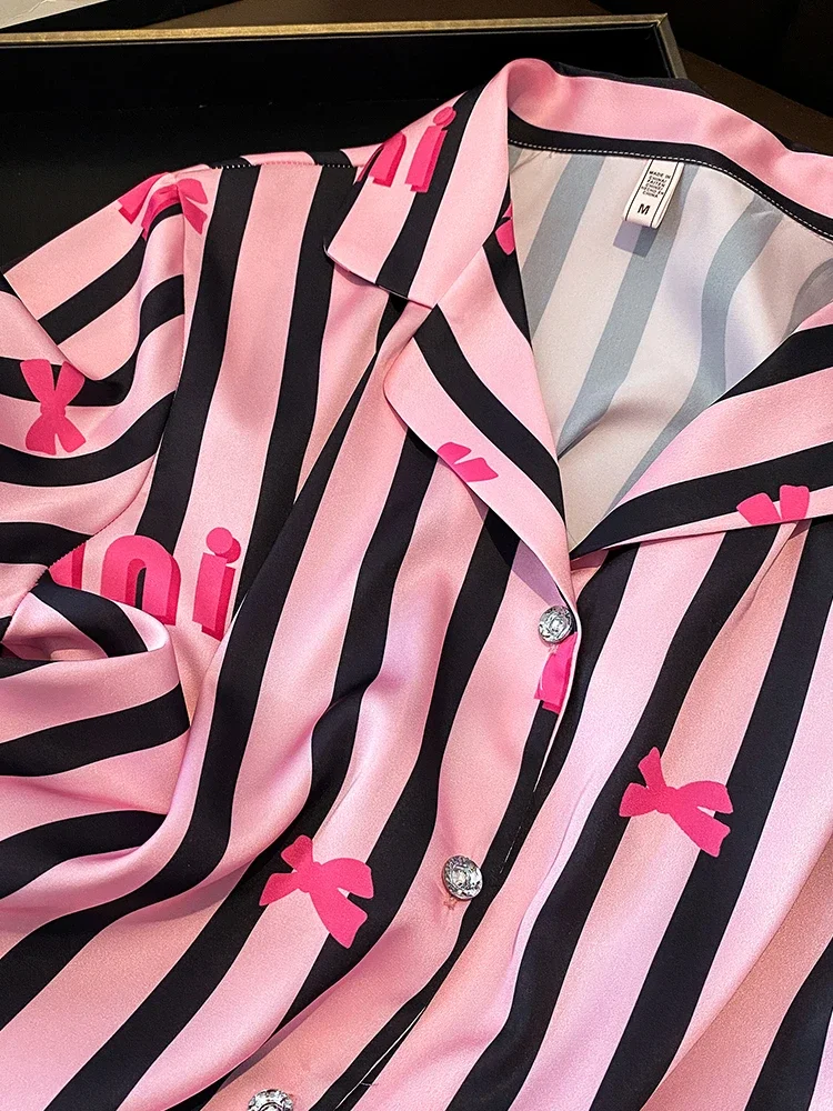 New striped short sleeved shorts, pants, pajamas set, 100% mulberry silk home wear, thin design, high-end feel