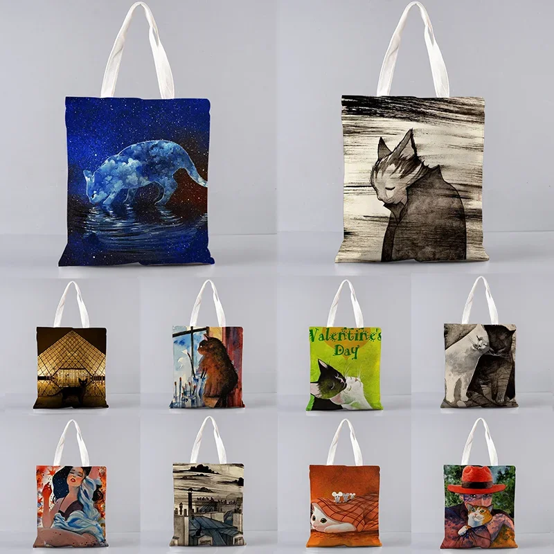 The Cat and the Starry Sky Oil Painting Cat  Womens Designer Tote Bags Linen Reusable Shopping Bag For Groceries Shoulder Bags