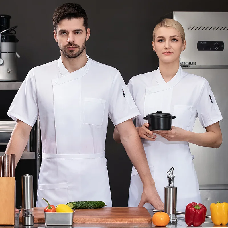 โรงแรมร้านอาหารห้องครัวชุดทํางานแขนสั้นเสื้อเชฟเบเกอรี่ Pastry Chef ฤดูร้อนสีขาว Kitchen Coat
