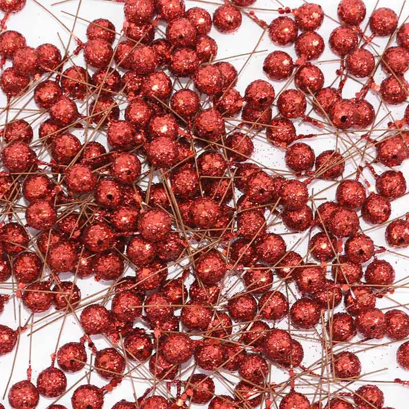 50/100/200pcs Glitter Fruit Stamens Cherry Christmas Artificial Flower Red Berries Beads for Christmas Tree Xmas Gift Decoration