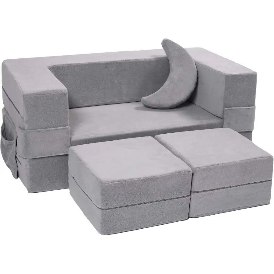 Modulares Sofa für Kleinkinder und mit Schaumsessel, umwandelbares Plüsch-Spielset mit ausklappbarem Schlafsofa in Grau, ideal für Zuhause
