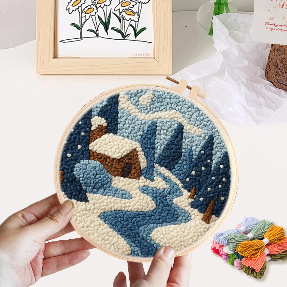 

Punch Needle Kits Handicraft Art Craft Supplies Winter House Landscape Punch Needle Yarn For Adults Cross Stitch Kits