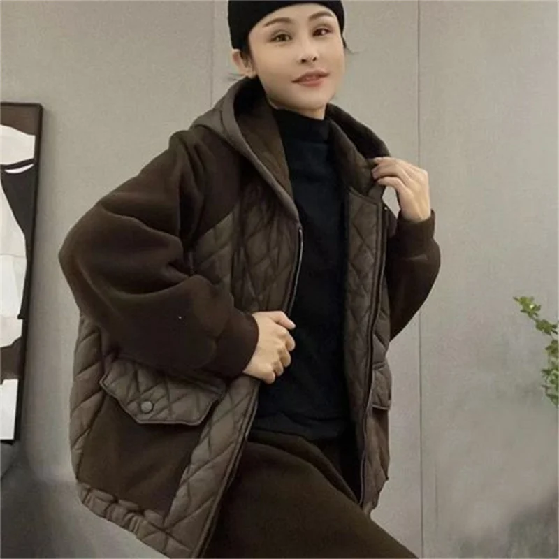 European Station Loose Hooded Spliced Down Cotton Coat Thick Coat 2023 Winter New Women Casual Fashion Warm Cardigan Cotton Coat