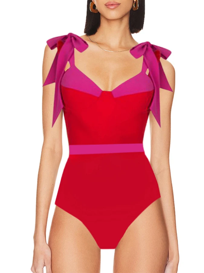 Red Ladies Elegant Suspenders Adjustable Color Block One-piece Shoulder Straps Designed For Swimwear And Cover Up