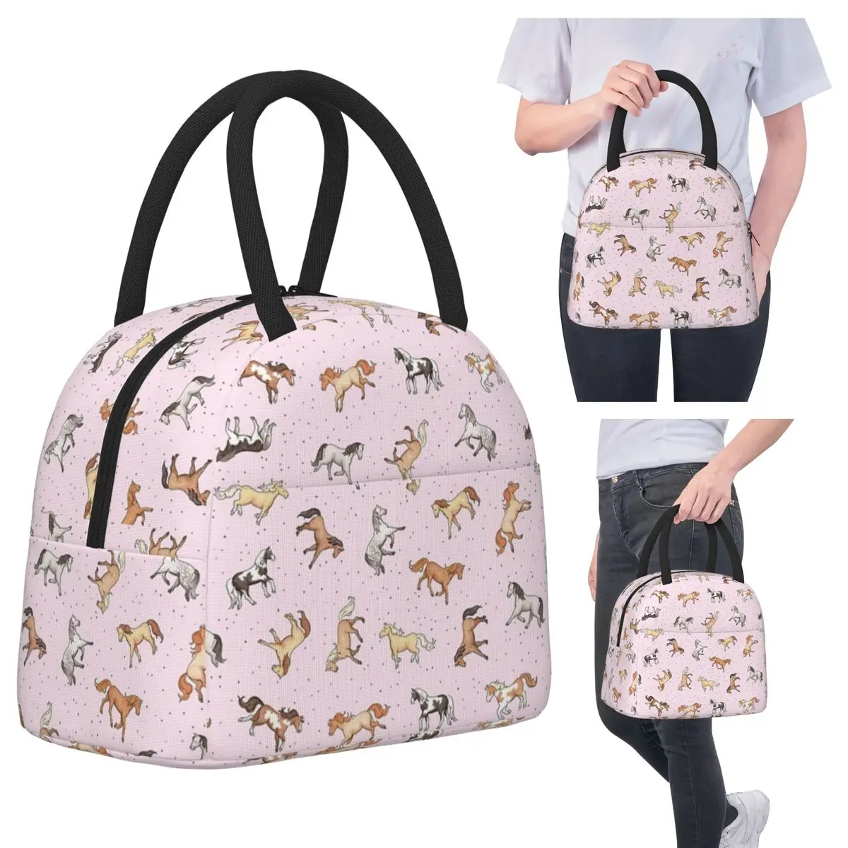 

Scattered Horses Spotty On Cherry Blossom Pink Pattern Insulated Lunch Bag Cooler Thermal Food Box Tote Leakproof Lunch Boxes
