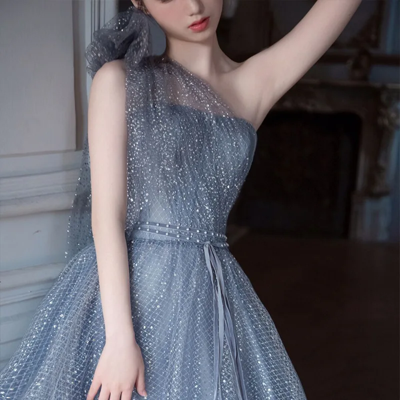 Exquisite Sequins Mesh Evening Party Dress lady Cheongsam Qipao Sexy One Shoulder A-Line Banquet Dress Elegant Vestidos De Festa