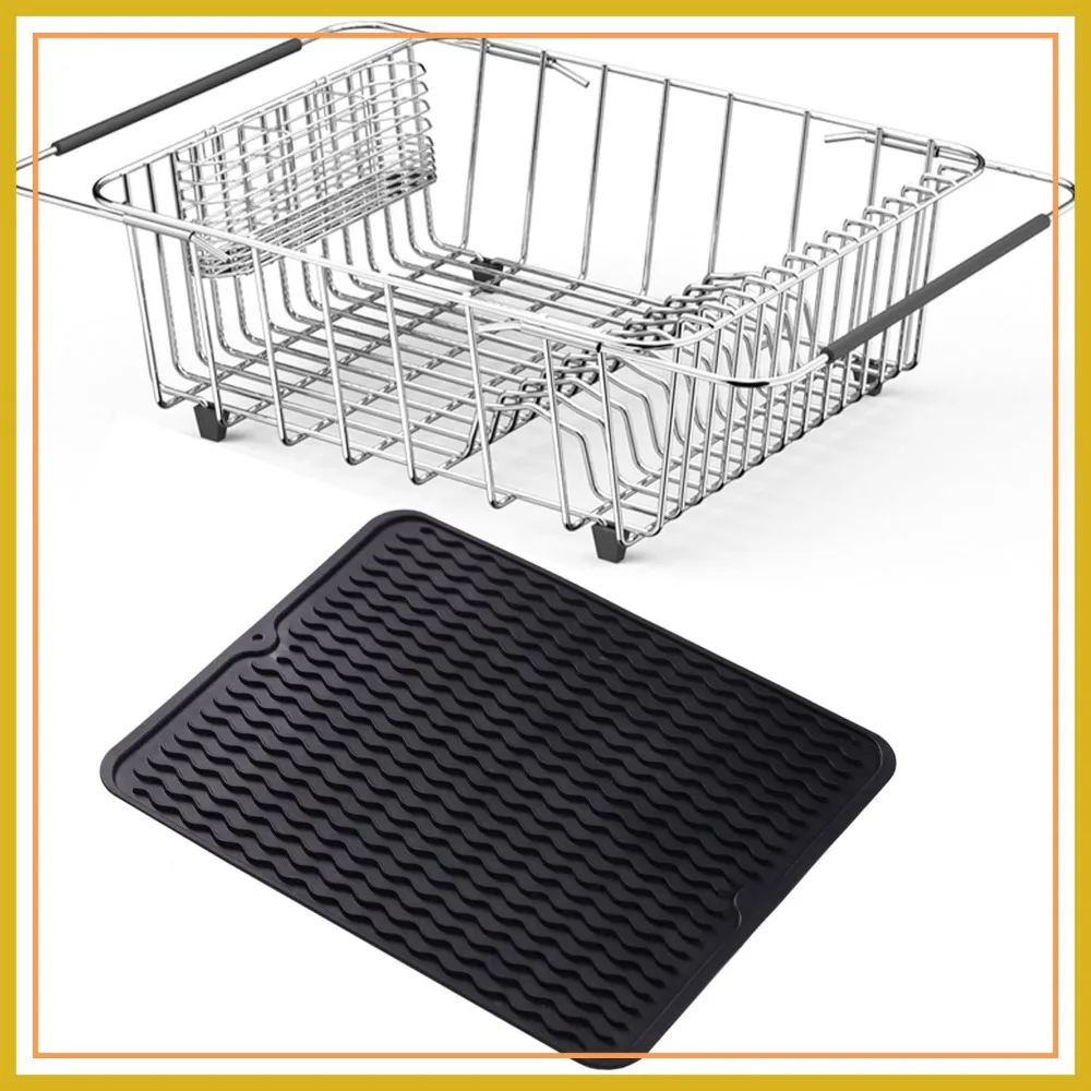 

Expandable Stainless Steel Dish Drying Rack Over Sink, 15x12.6x4.7in, with Utensil Holder & Silicone Mat