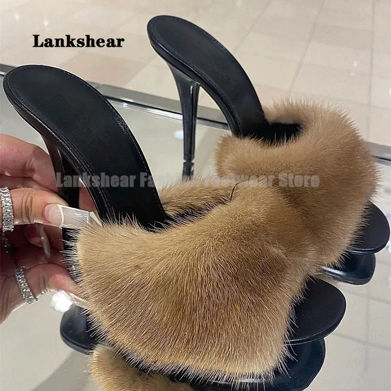 

Mink High Heels Sandals Women's Stiletto Shoes Summer New Mink High Heels Open Toe Sexy High Heels Party Shoes Furry Slippers