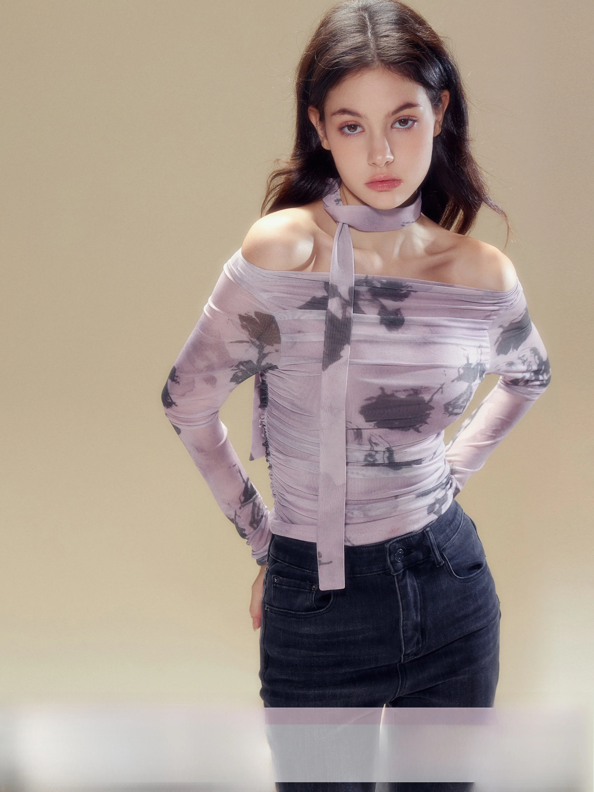 

Футболка SunsetPark Purple Rose Print Me Long Sve на одно плечо Bone Top Повседневная облегающая хлопковая весенняя осень...