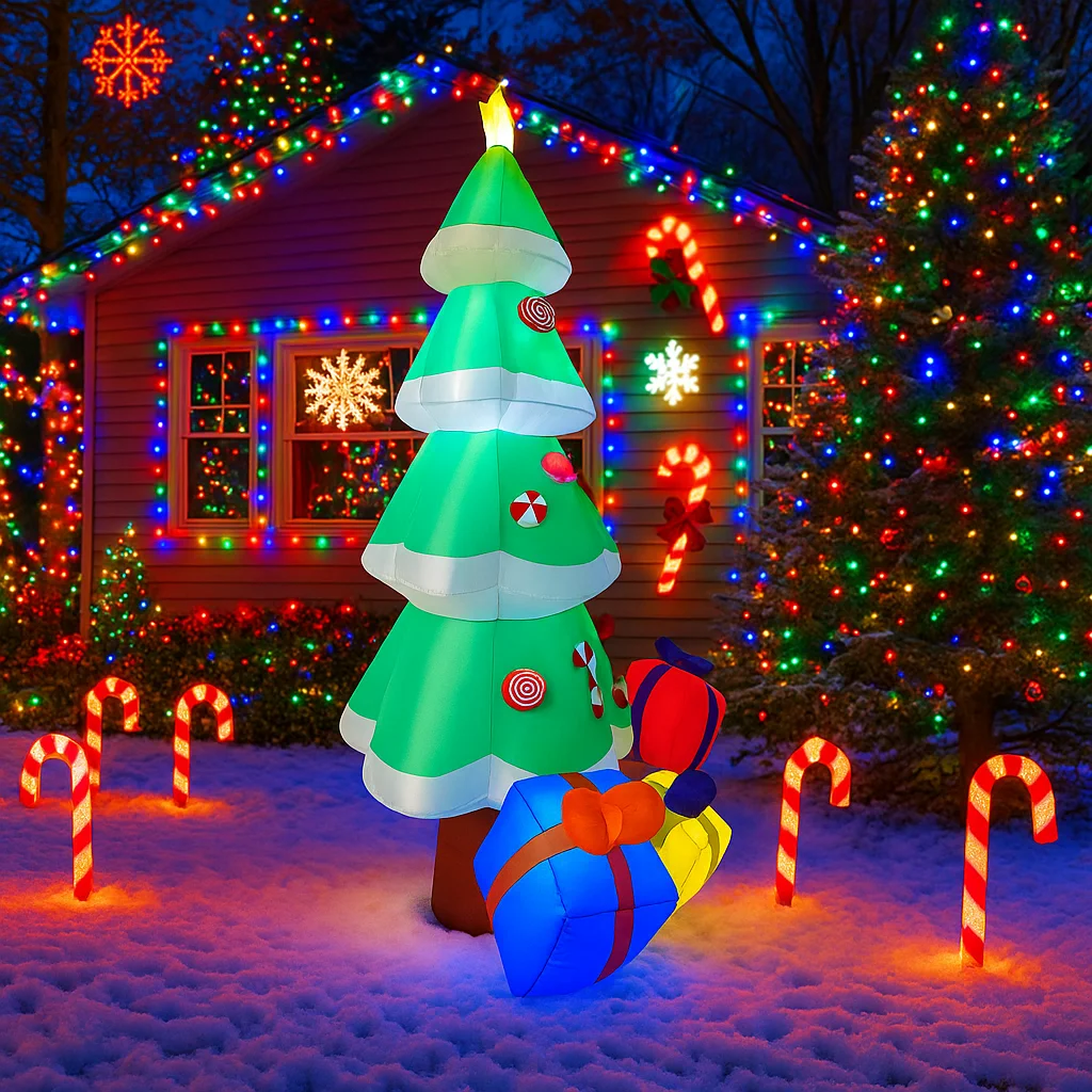 7.8FT زينة عيد الميلاد شجرة قابلة للنفخ مع صناديق الحاضر اللعب ساحة المنزل عيد الميلاد الحلي LED ديكور عيد الميلاد في الهواء الطلق