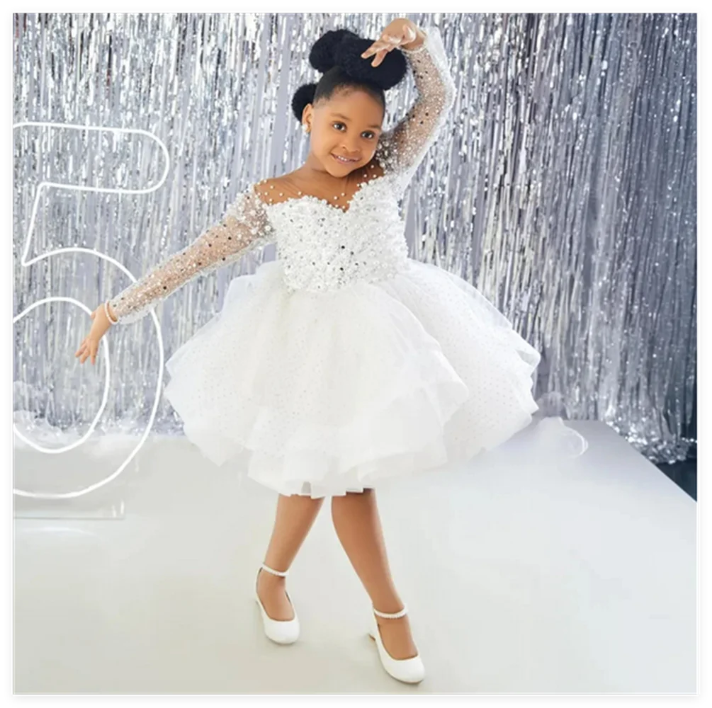 White Flower Girl Dresses Tulle Puffy Appliques With Bow Sleeveless For Wedding Birthday Party First Communion Gowns