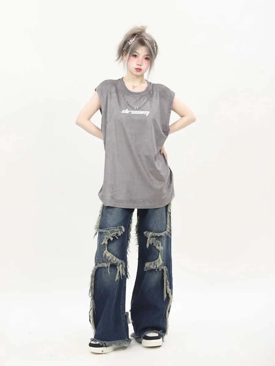 Retro American Loose Suede Vest Women's Pink Trendy Brand Summer Sleeveless Necklace Top Korean Style Printed Polyester Fiber