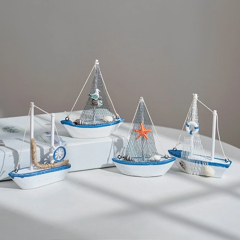 Mediterranean Style 14cm Handmade Sailboat Model Ornament, Creative Nautical Handicraft, Desk Decoration for Home Decor Gift