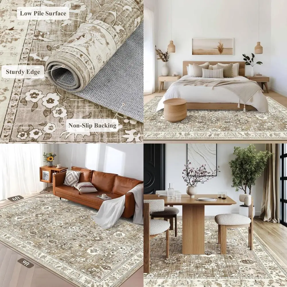 

Винтажный богемный коврик 6x9, нескользящая резиновая основа, смесь шерсти с низким ворсом для гостиной, спальни или столовой (бежевый коричневый)