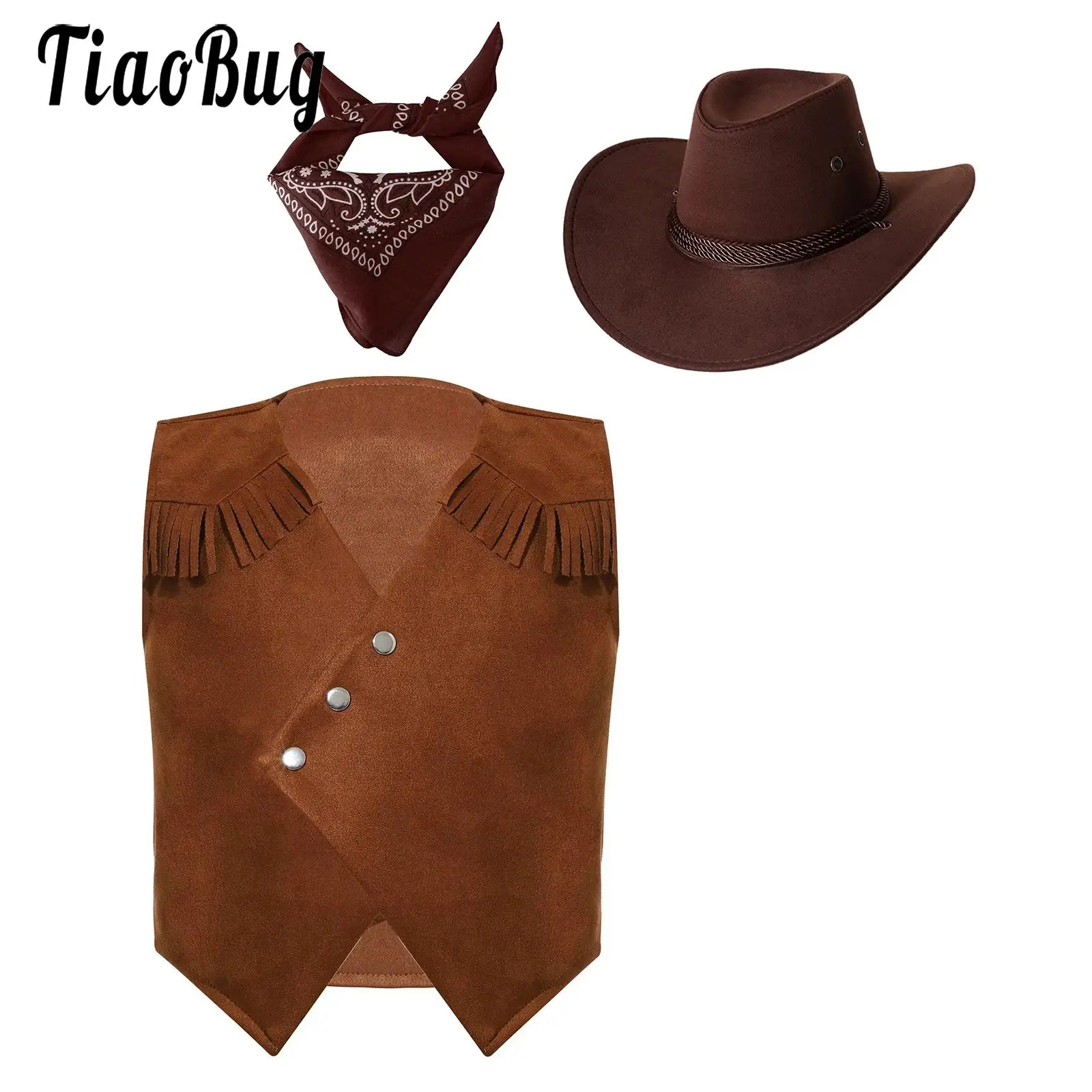 

Western Cowboy Outfit for Kids Boys Girls Fancy Dress Cowgirl Suit 3Pcs Brown Fringe Waistcoat Hat and Bandanna Halloween Set