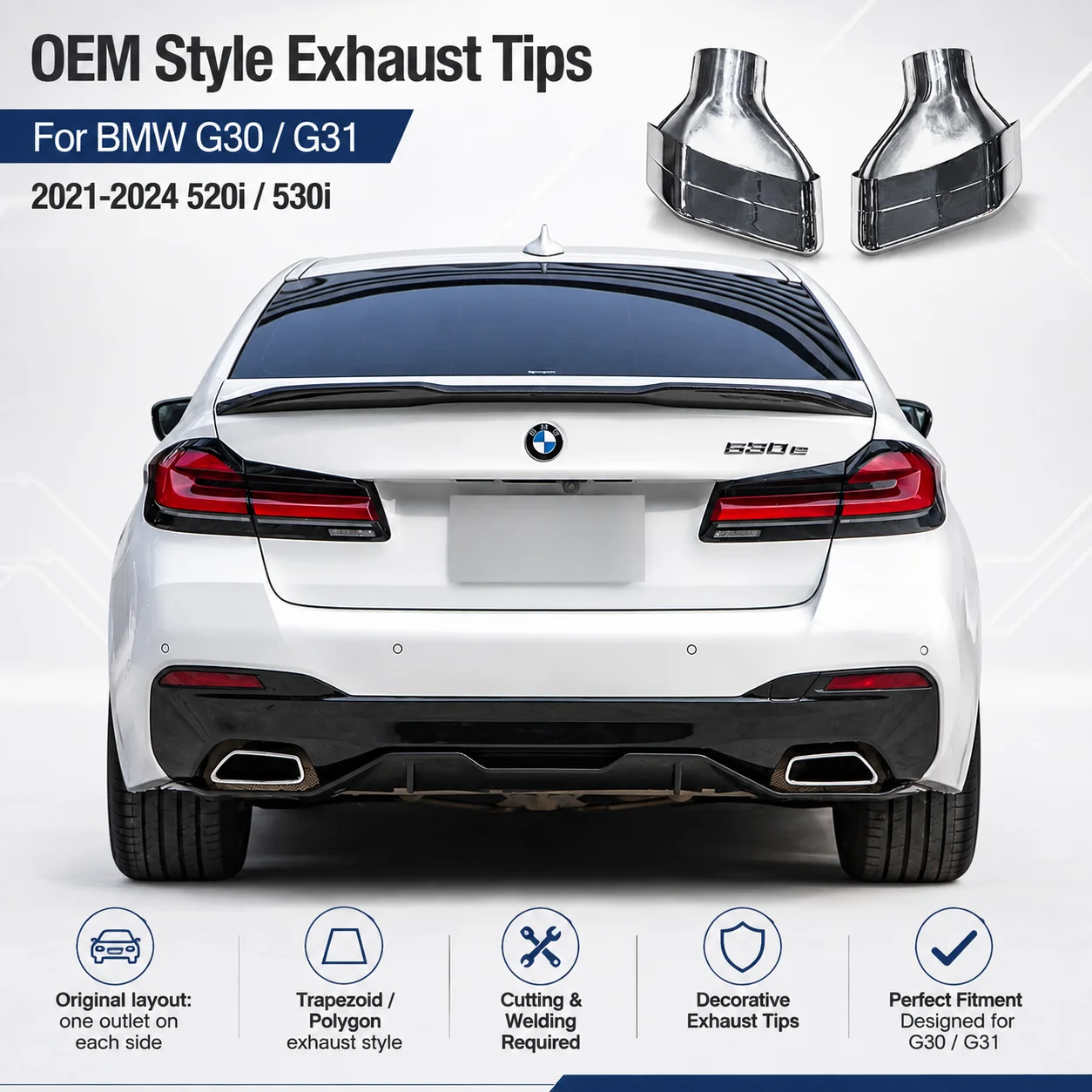 Quadratischer Auspuffendrohr für BMW G30 G31 520i 530i 530e (2021-2024 LCI & 2017-2020 M-Sport) – Dekorativer Endrohrschalldämpfer zum Anschweißen